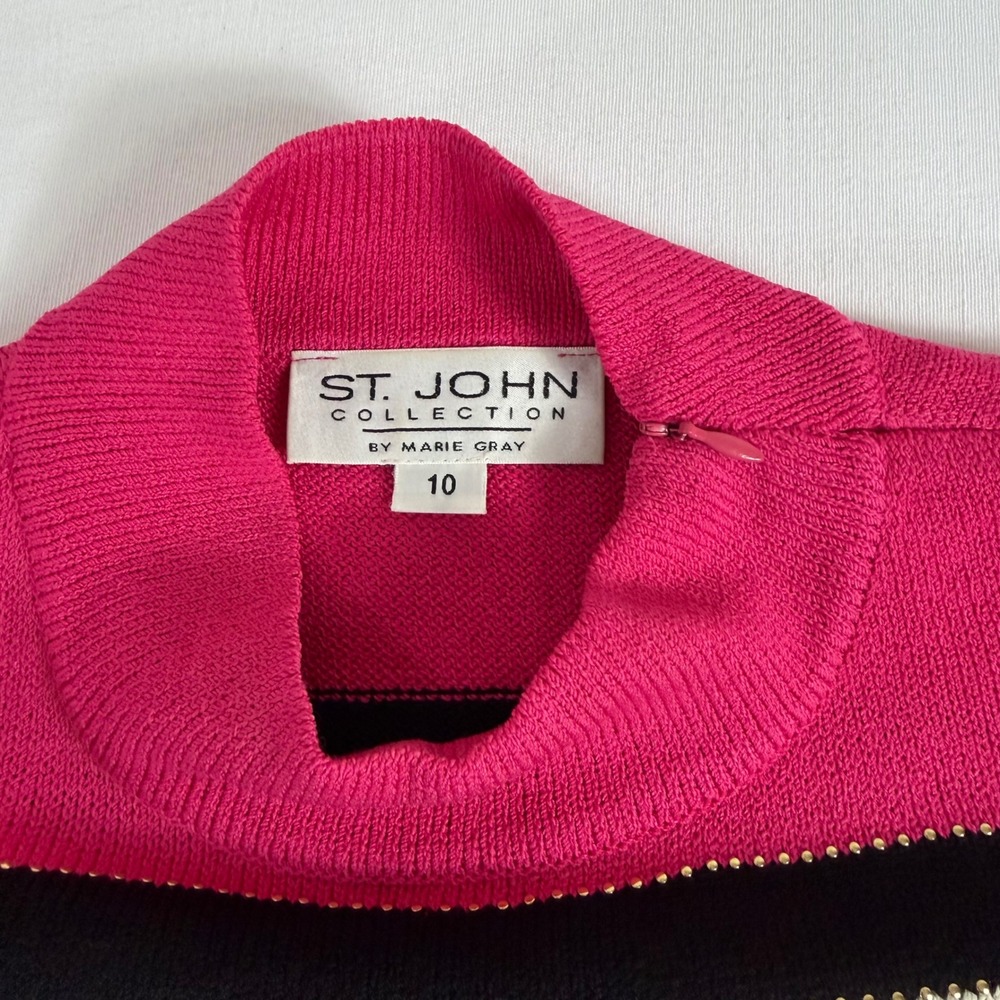 Vintage St.John Collection Santana Knit Dress Jacket Pin Set Pink Cream 10 USA - Picture 7 of 16